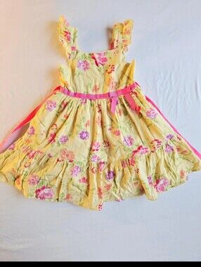 Zunie Yellow Floral Dress with Pink Ribbon - Kids